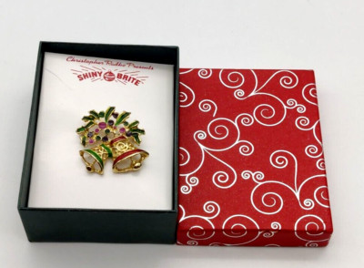 Christopher Radko Shiny Brite Christmas Bells Brooch Enamel Pin w/box