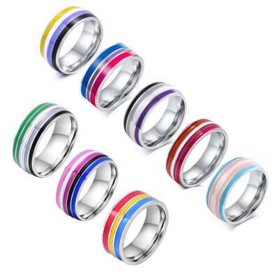 Colors Silver Stainless Steel Band Women Rainbow Enamel Ring