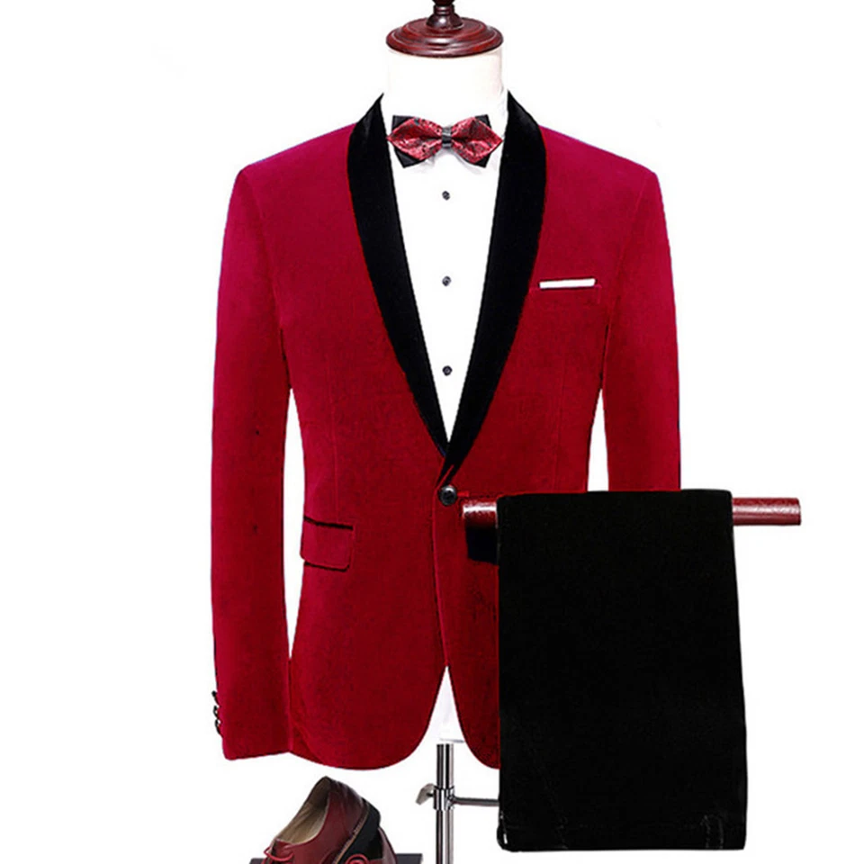 Men's Red Velvet Jacket Blazer Black Pants Groom Tuxedos Dinner Wedding Suit=-= - Image 3 of 4