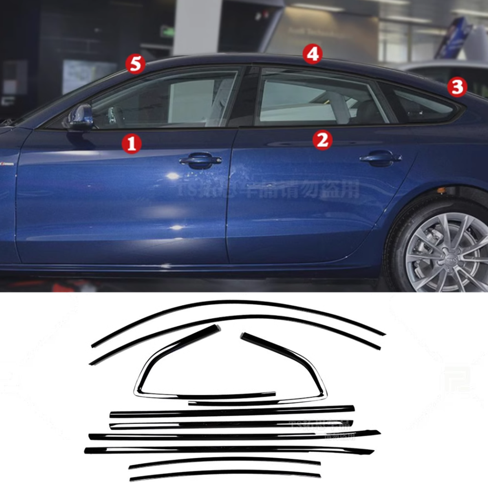 2011-2015 Audi A5 S5 4-Door Black Stainless Window Trim Strip Cover Set of 10