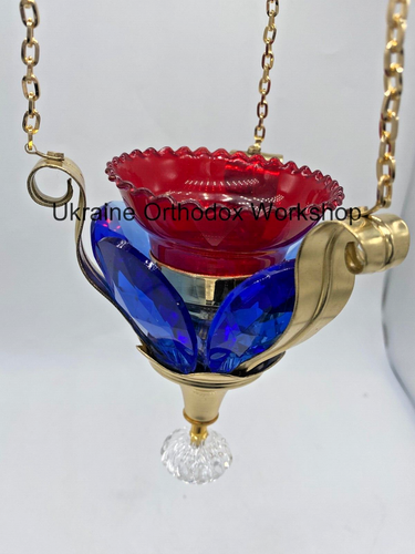 Church Lampada Hanging Orthodox Blue Crystal Vigil Lamp for 3 Chains 4.92" - Picture 6 of 6