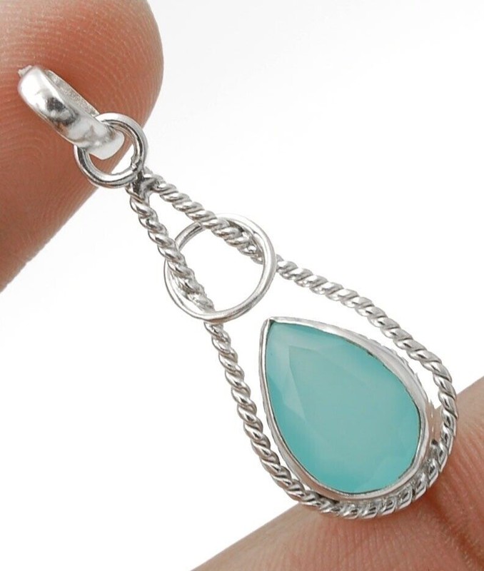 Natural Aquamarine Chalcedony 925 Sterling Silver Pendant Jewelry @9-9