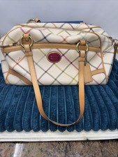 Coach Purse Peyton Tattersall Plaid Logo Satchel F19177 Beige Gold Hardware