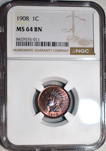 NGC MS-64 BN 1908 Indian Head Cent, Beautifully Toned specimen!