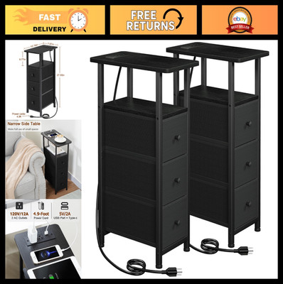Narrow End Tables Set of 2 with Charging Station, Slim Side Table & Fabric Drawe