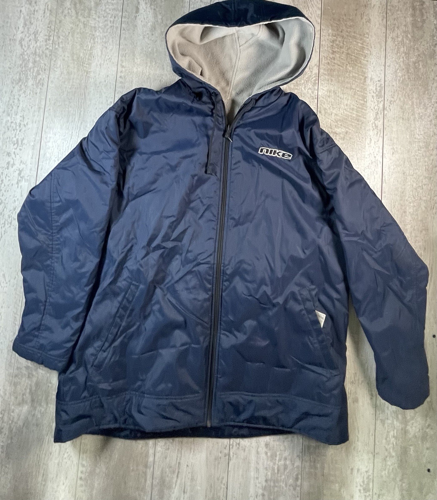 Vintage Y2K Nike Reversible Jacket Mens XL Navy Blue Gray Fleece Spell Out Logo