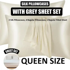 KASENTEX Silk Pillowcase with Grey Queen Sheet Set