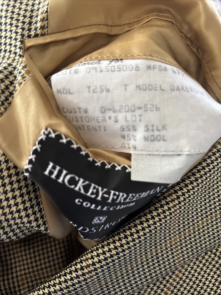 Blazer masculino Hickey Freeman 42 longo marrom Houndstooth casaco de lã de seda com botões - Imagem 3 de 4