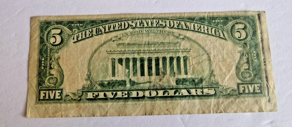 1977 $5 FRN Error - Front to Back Offset Printing Error (Reverse) FR 1974F - Image 2 of 3