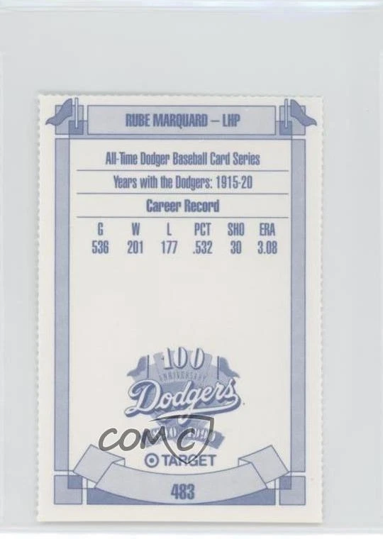 1990 Target Dodgers 100th Anniversary Rube Marquard #483 HOF - Image 2 of 2