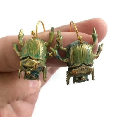 Gold Tone Green Beetle Drop Earrings Women Classic Insect Pendant Jewelry