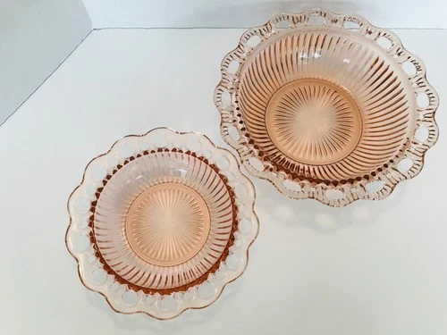 Anchor Hocking Pink Depression Glass Old Colony Lace Edge Ribbed Lg & Sm Bowls