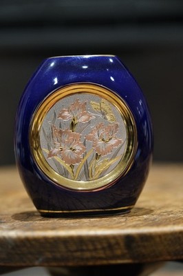Japanische Chokin Kunst Vase Kobaltblau 24K Goldrand 9,5 cm Floral Japan