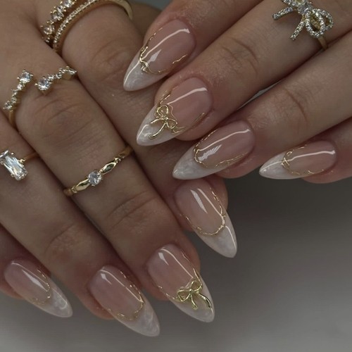 24pcs French Fake Nails Metallic Bow Press on Nails Manicure False Nails Women - Picture 17 of 21