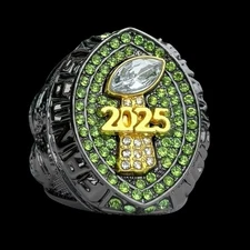 PREMIUM 2025 FANTASY FOOTBALL CHAMPIONSHIP RING Gunmetal Black Green Stones sz10