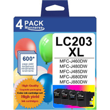LC203XL Ink Cartridges 4-Pack (BK/C/M/Y) High Yield for Brother MFC Printer