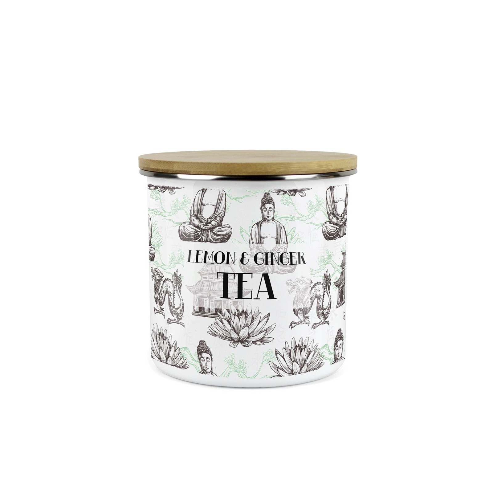 Lemon & Ginger Tea Storage Canister - Asian Scenes Green Enamel Kitchen Gift