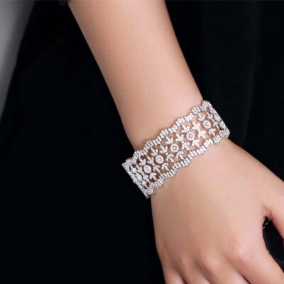 Lab Created Diamond 14K White Gold Plated Wide Cuff Women's Bangle Bracelets