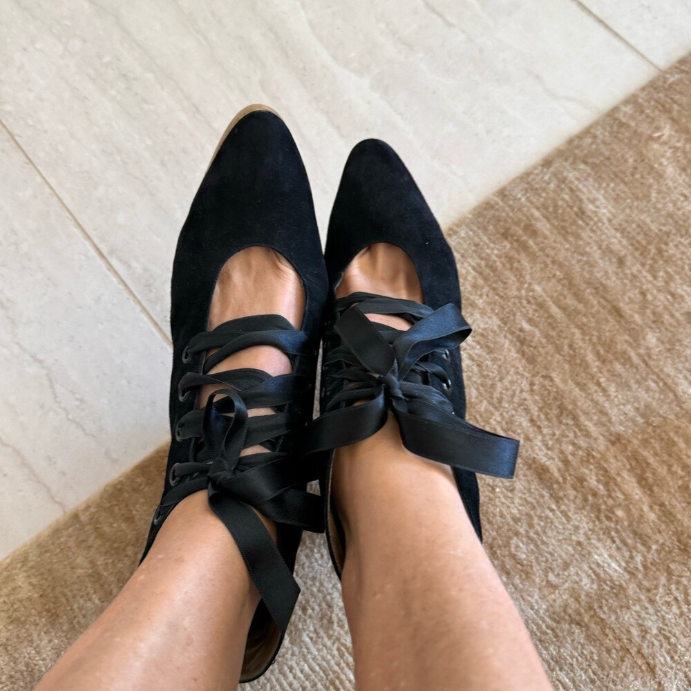 Tacchi stringati vintage anni 90 Yves Saint Laurent neri scamosciati taglia 39 US 8 8 5