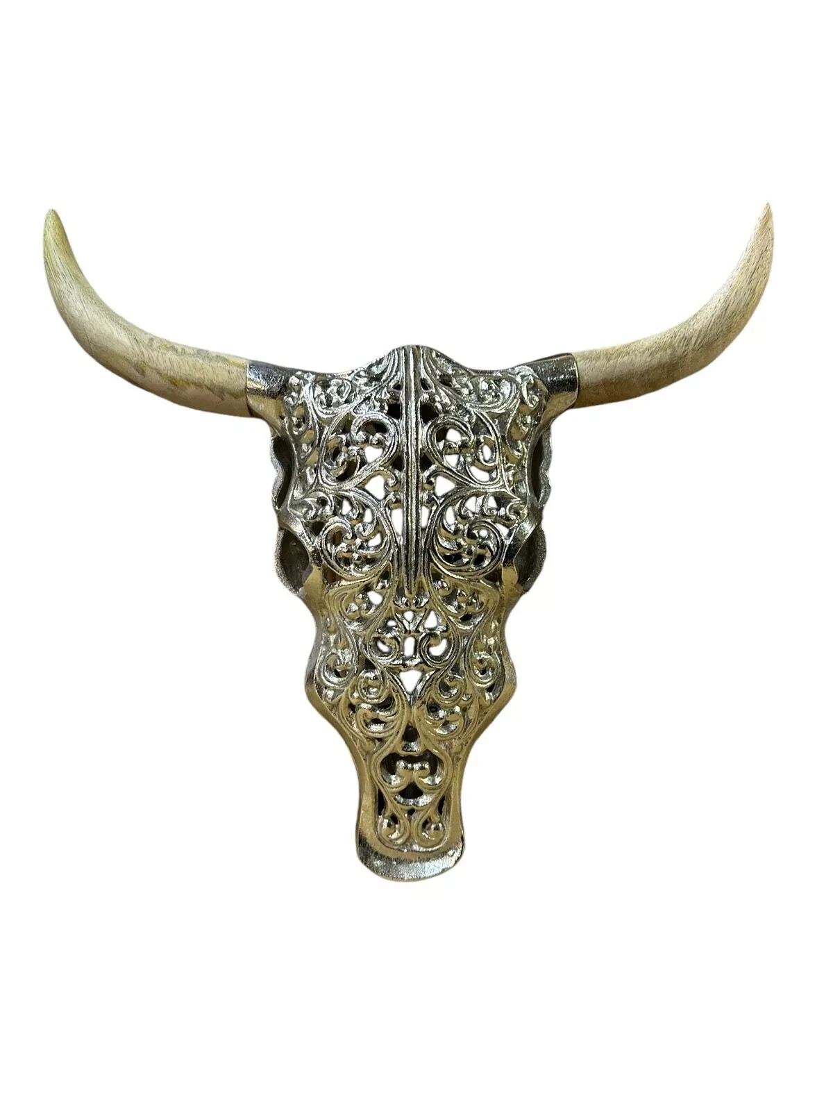 Large Aluminium Bison Skull Mango Wooden Horns Hand Carved Wall Mountable