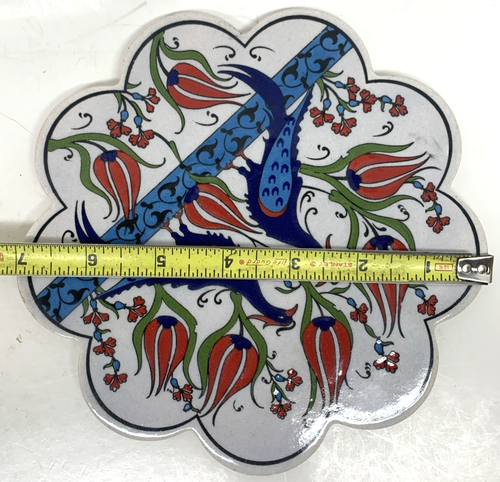 VTG Turkish Scalloped Edge Kitchen Tile Trivet - Two Exotic Birds - Blue & Red - Picture 10 of 10