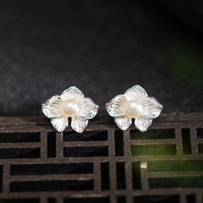 L04 Ohrringe Orchideenblüte mit Süßwasser Perle Sterling Silber 925 Ohrstecker