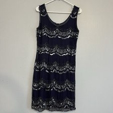 NEW Pisarro Nights SILK Sequins Beaded Sleeveless Lined Mini Dress Sz 6 Navy Blu