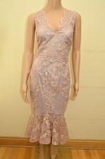 New Lipsy VIP Dusky Pink Lace Plunge Flared Hem Midi Dress Sz UK 8 10 12 14