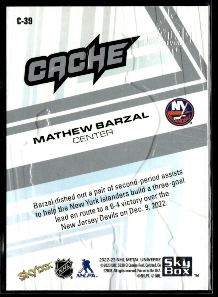 2022-23 Skybox Metal Universe Cache Mathew Barzal #C-39 - Image 2 of 2