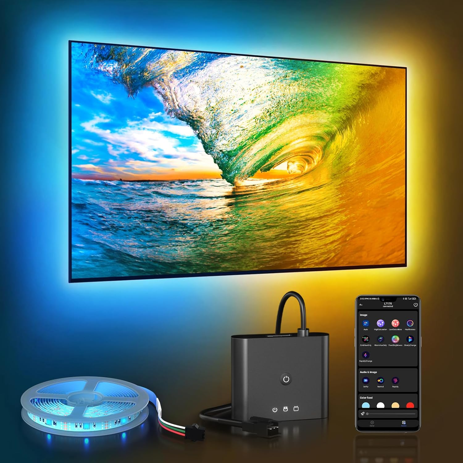 Smart TV LED Backlight with HDMI 4K30Hz Sync Box, LED Lights for 55-85 Inch Tvs,-image