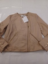 Mango Ladies Jacket. Leather Beige Crop Collarless Zip Long Sleeve. Size Medium