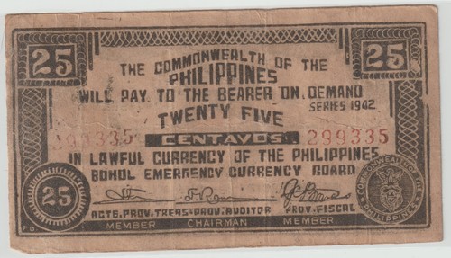 WWII Japanese Invasion Guerilla 1942 25 Centavos Japan US War Collection Note