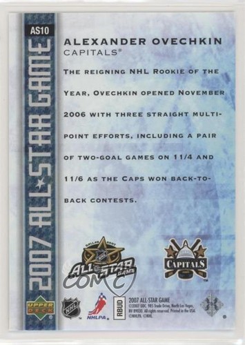 2007 Upper Deck All-Star Game /1000 Alex Ovechkin #AS10 - Picture 2 of 3
