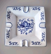 Vintage Hand Painted Blue Floral Design Square Ceramic Ashtray 6.5 in x 6.5 in