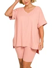1X 2X 3X Zenana Brushed Microfiber V Neck Top & Biker Shorts Leggings Set