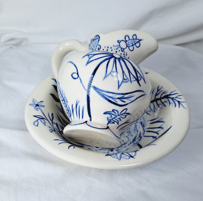 White And Blue Hand Painted Water Pitcher And Bowl By E Moore 1957 Vintage 