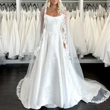 Square Neck Satin Lace Wedding Dresses A-Line Bridal Gown with Floral Appliques