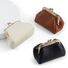 Women Small Genuine Leather Metal Frame Double Clasp Coin Change Purse Ladies
