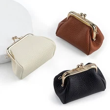 Women Small Genuine Leather Metal Frame Double Clasp Coin Change Purse Ladies