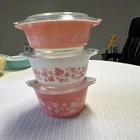 PYREX Pink & White Gooseberry Casserole Set Glass Round With Lids 471 472 473