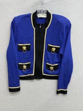 St. John Collection by Marie Gray Womens Blue Blazer Jacket Gold Trim Size S