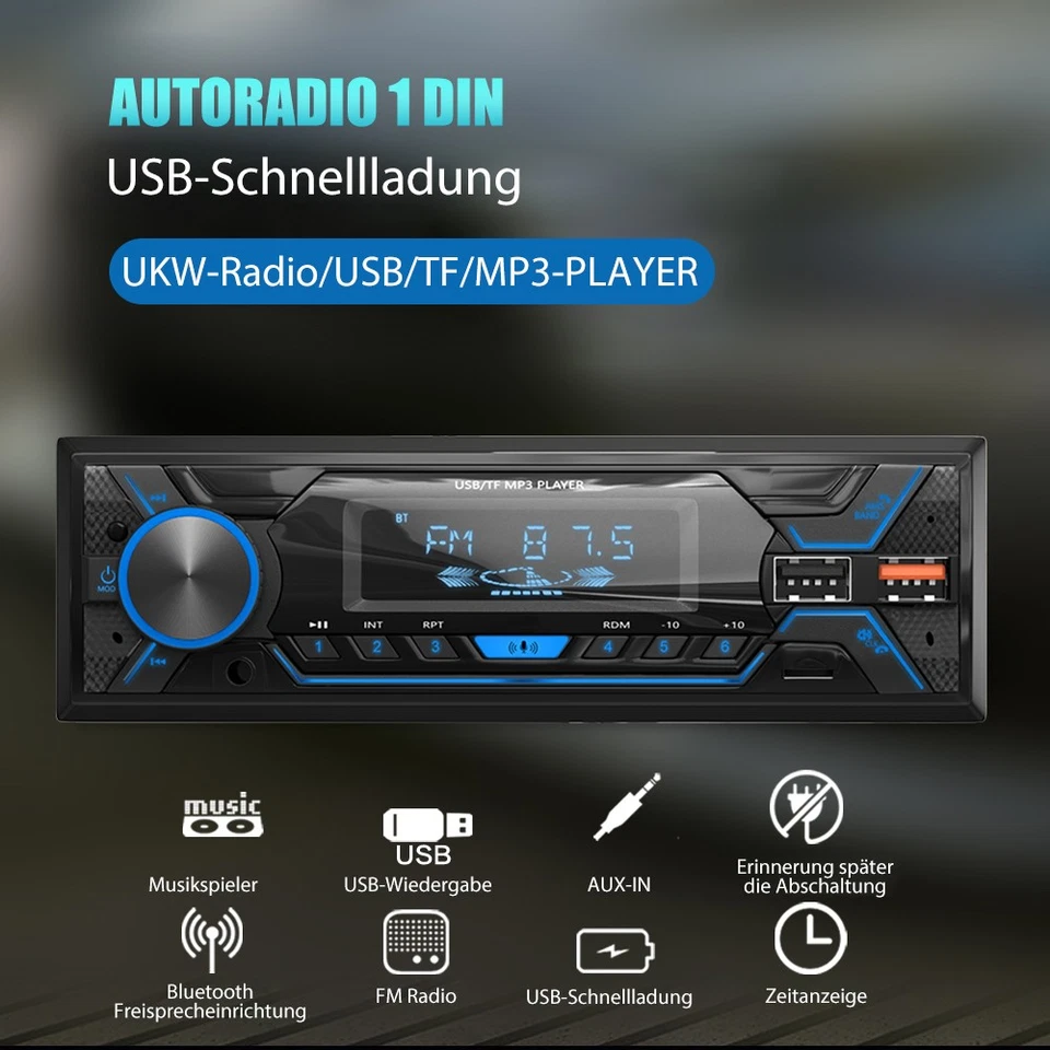 1 DIN MP3 7Farben Autoradio mit FM Bluetooth Freisprech Fernbedienung USB TF AUX - Bild 3 von 4