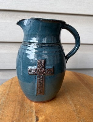 Teal Turquoise Scrolled Cross Studio Art Pottery Pitcher 8  Signed Ray Religious