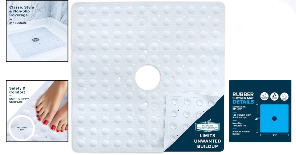 Противоскользящий коврик для душа из натурального каучука 21 x 21 дюйм с 140 присосками - белый - Изображение 2 из 4