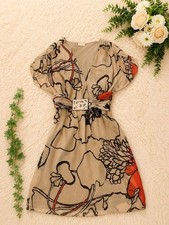 Valentino Roma Silk Flower Print Dress Beige Casual Elegant