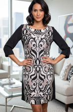 STELLA Dress Size 10 Black & White Mini 3/4 Sleeves Elastic Back Evening Party