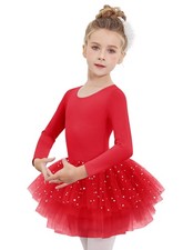 Girls Ballet Leotards 4-Layers Tiered Long Sleeve Dance Tutu Dresses Party Co...