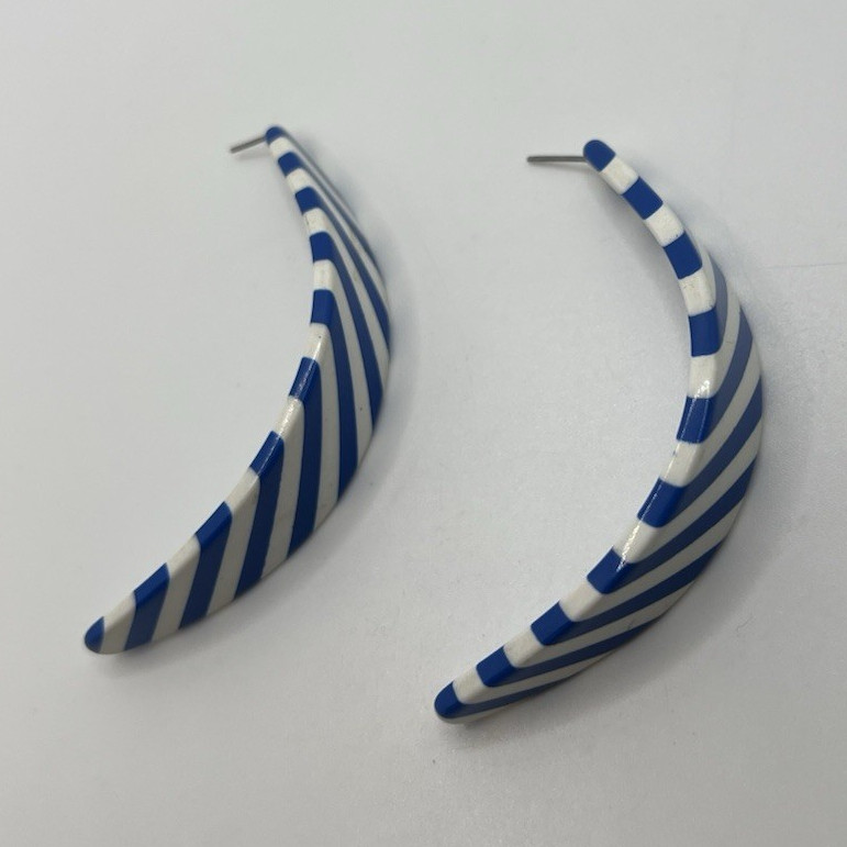 Blue & White Striped Plastic/Acrylic Crescent Hoop Earrings 