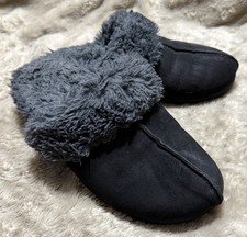 Powerstep Luxe Black Faux Suede Fur Mule Slippers Orthotic Arch Support Womens 7