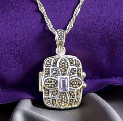 20'' HALSKETTE Sterlingsilber Amethyst, Markasit Aromatherapie Medaillon geheime Box